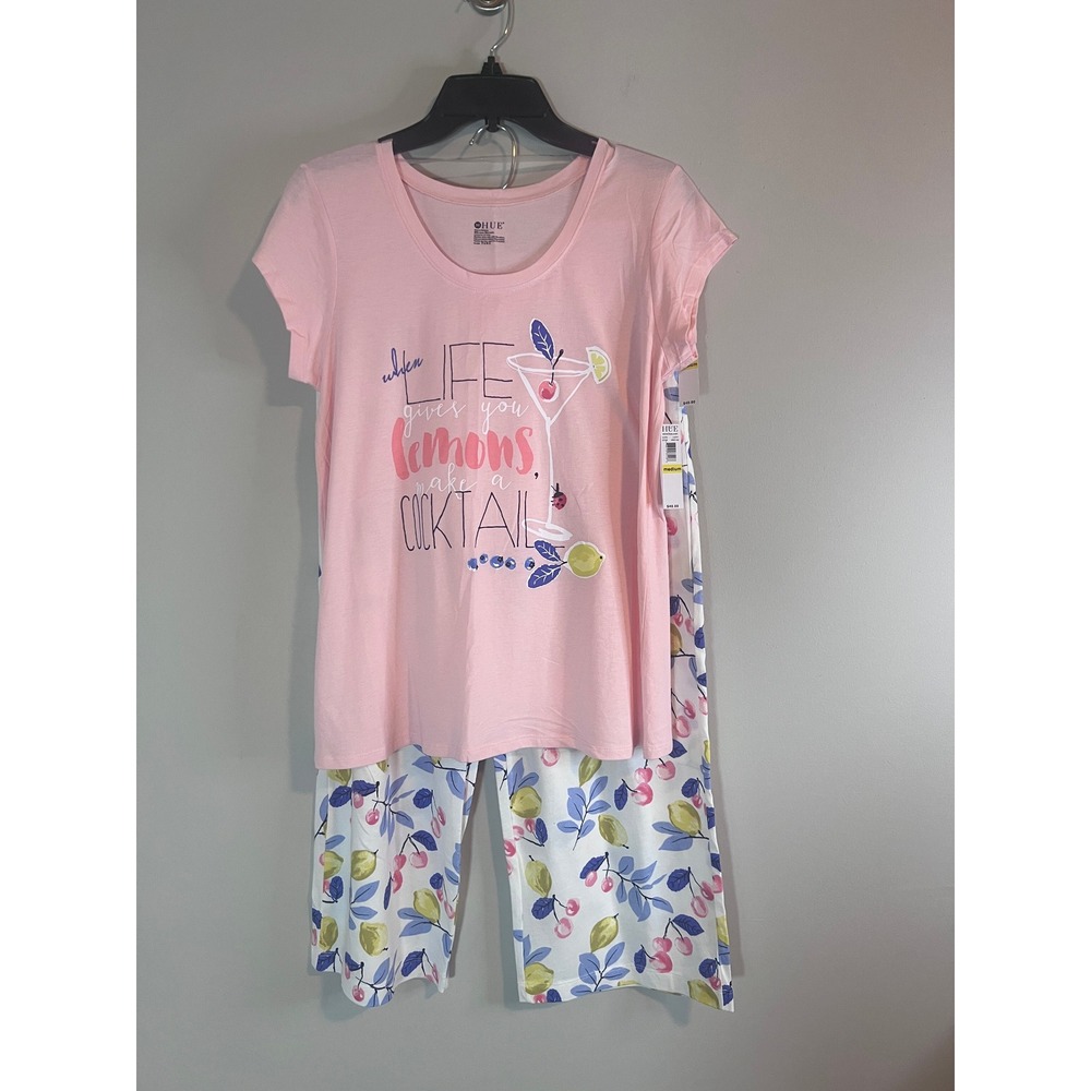 Hue Womens 2 Piece Pajama Set Pink Lemon Cocktail Graphic Tee Crop Pants Medium